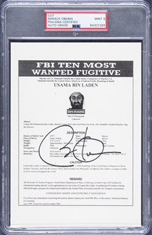 Barack Obama Signed "FBI Ten Most Wanted Fugitive Usama Bin Laden" Cut (PSA/DNA MINT 9 Auto)